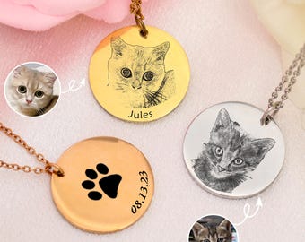 Personalized Pet Portrait Necklace, Custom Laser Engraved Cat Necklace with Photo or Name, Memorial Jewelry Customized Gifts for Cat Mum