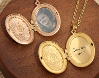 18K Gold Oval Locket Necklace, Vintage Photo Locket Necklace with Photo, Memorial Gift for mom, Birthday Gift for Mom, New Mom Gift