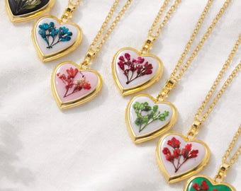 Custom Handmade Real Flower Locket heartshaped necklace, made with real pressed flowers, special gift for her, anniversary, birthday gifts