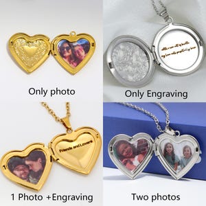 May include: A collection of heart-shaped lockets, some gold-toned and others silver, displayed open and closed. Some lockets contain photos, while others feature engravings. One locket reads "Friends and Lovers."