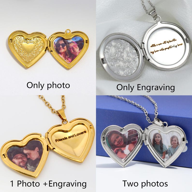 May include: A collection of heart-shaped lockets, some gold-toned and others silver, displayed open and closed. Some lockets contain photos, while others feature engravings. One locket reads "Friends and Lovers."