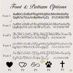 May include: A beige background displays font and pattern options. Five font styles are shown with uppercase and lowercase letters, and numbers. Symbols include a heart, linked hearts, infinity symbol, paw print, and cross.
