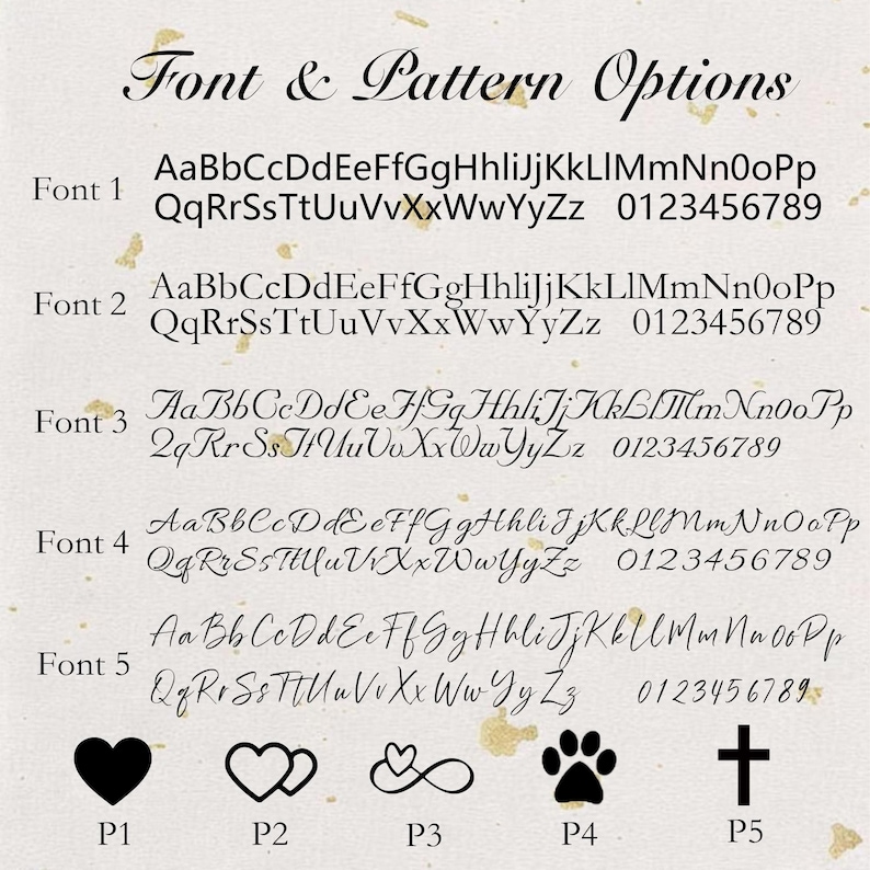 May include: A beige background displays font and pattern options. Five font styles are shown with uppercase and lowercase letters, and numbers. Symbols include a heart, linked hearts, infinity symbol, paw print, and cross.