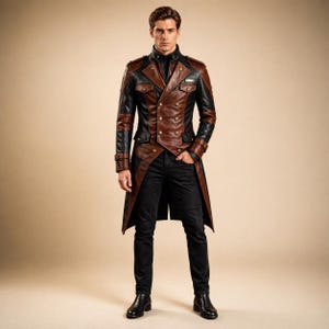 May include: A brown and black leather coat with a double-breasted design. The coat features gold-colored buttons, a high collar, and a long, tailored fit. The sleeves have decorative straps. The person is wearing black pants and black boots.