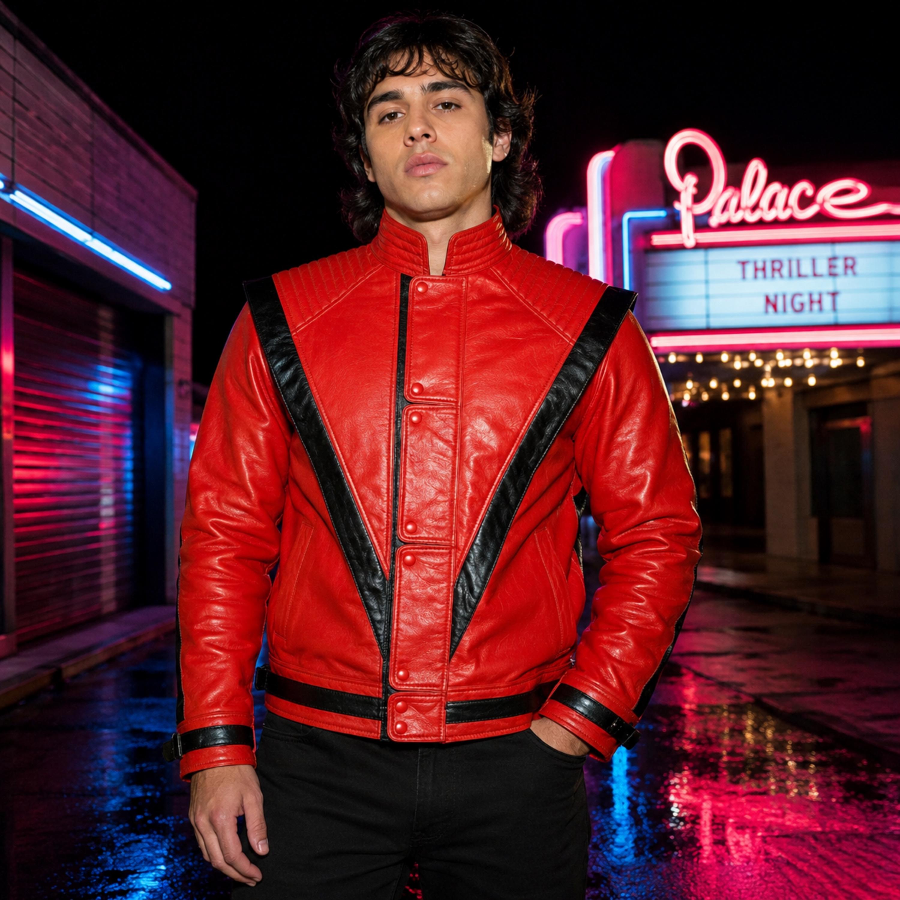 Thriller Red Black Leather Jacket, V Stripe 80s Pop Star Costume