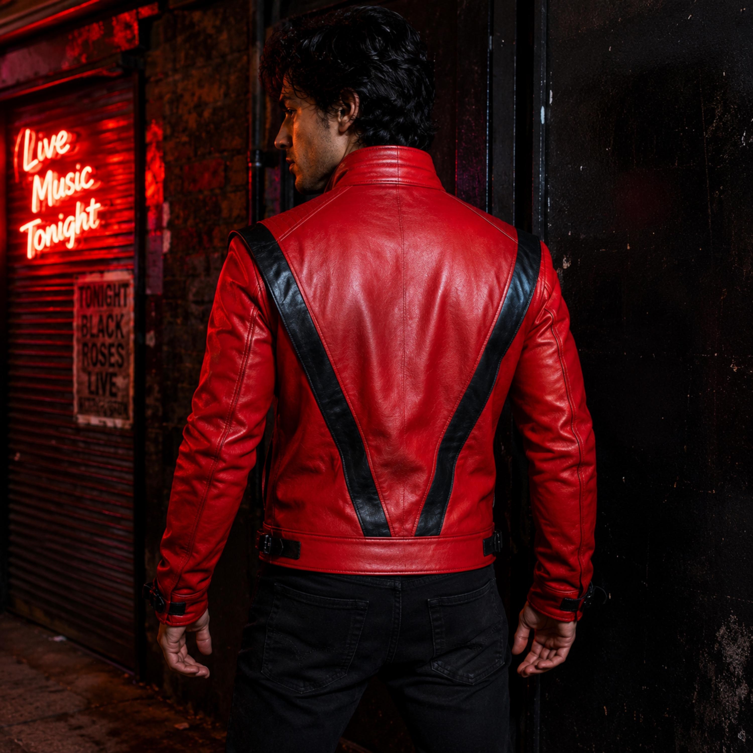 Thriller Red Black Leather Jacket, V Stripe 80s Pop Star Costume