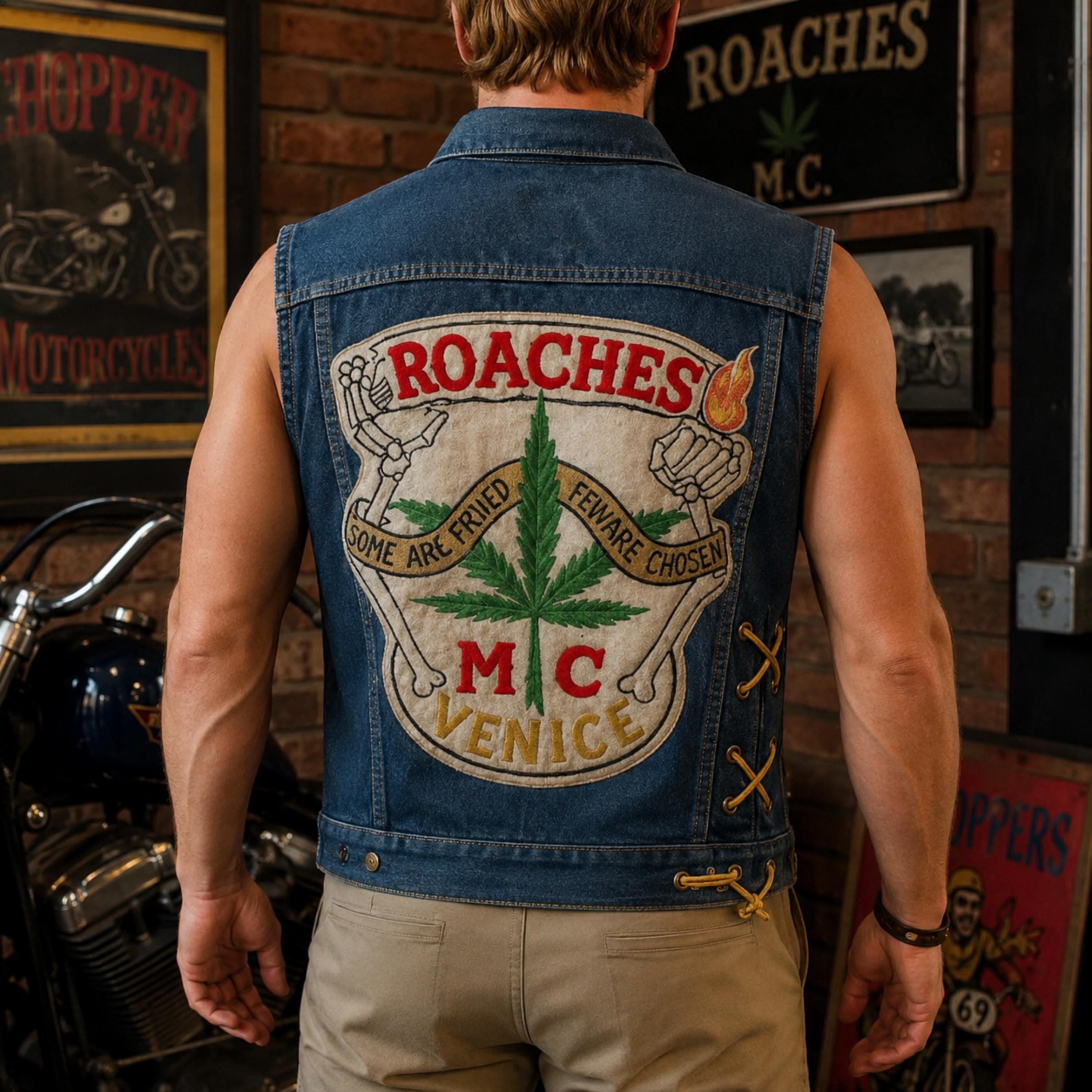 Roaches Denim Biker Vest, up in Smoke Tommy Chong Cosplay Costume
