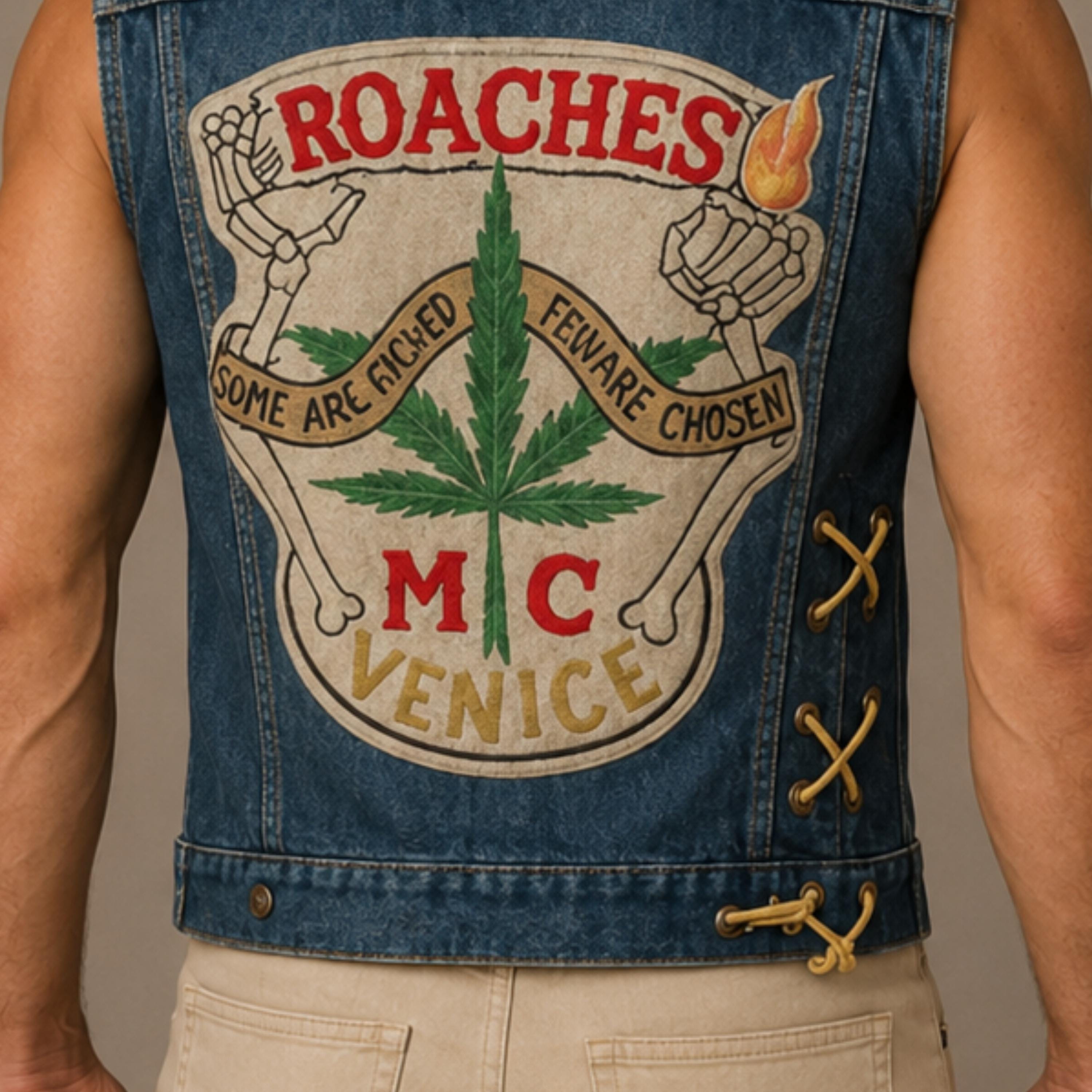 Roaches Denim Biker Vest, up in Smoke Tommy Chong Cosplay Costume