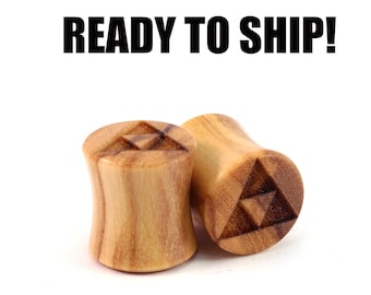 READY TO SHIP - 00g+ (10mm)  Olivewood Triforce Wooden Plugs - Pair - Sacred Geometry - Premade Gauges Ship Within 1 Business Day!