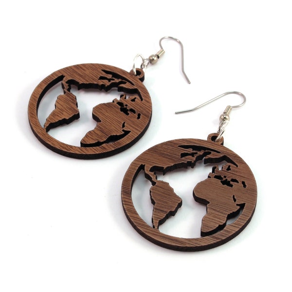 Globes - Sustainable Wooden Hook Dangle Drop Earrings - 1.5" - 3 Sizes Available - Walnut - Lightweight - Travels / Explorer / Earth Day