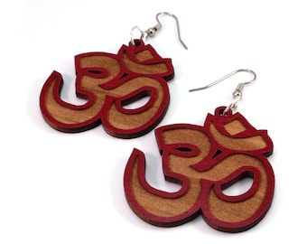 Om Symbol Sustainable Wooden Earrings - in Red-Stained Maple - Wood Dangle Hook Earrings - 3 sizes