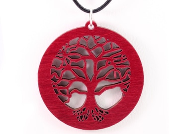 Tree of Life Wooden Pendant - Red Stained Maple - Sustainable Wood Jewelry - 2 Sizes -  SHIPS FREE