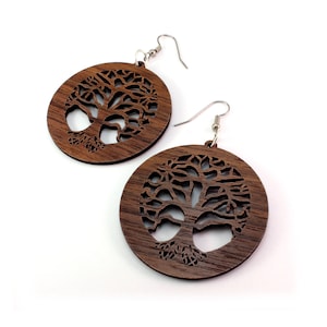 Tree of Life Sustainable Wooden Earrings - Walnut - 2" - Wood Dangle Hook Earrings