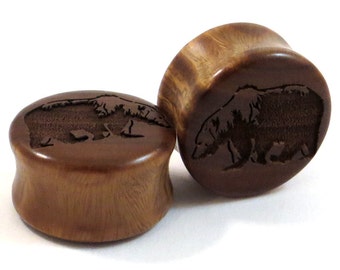 Grizzly Bear Lignum Vitae Wooden Plugs - PAIR- (10mm) 7/16" (11mm) 1/2" (13mm) 9/16" (14mm) 5/8" (16 mm) 3/4" 19mm 7/8" 1" + Wood Ear Gauges