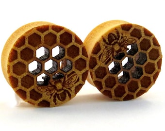 Honeycomb Cutout Yellowheart Wooden Plugs - with Bee - 9/16" 14mm 5/8" 16mm 7/8" 22mm 1" 25.5mm 1 1/8" 28mm 1 1/4" 32mm 38mm 44mm Ear Gauges