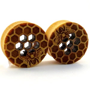 Honeycomb Cutout Yellowheart Wooden Plugs with Bee 9/16 14mm 5/8 16mm 7/8 22mm 1 25.5mm 1 1/8 28mm 1 1/4 32mm 38mm 44mm Ear Gauges image 1