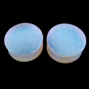 Flower of Life Opalite Plugs LIMITED AVAILABILITY PAIR Sacred Geometry Ear Gauges 0g 8mm 00g 10mm 7/16 11mm 1/2 12mm 7/8 1 image 1