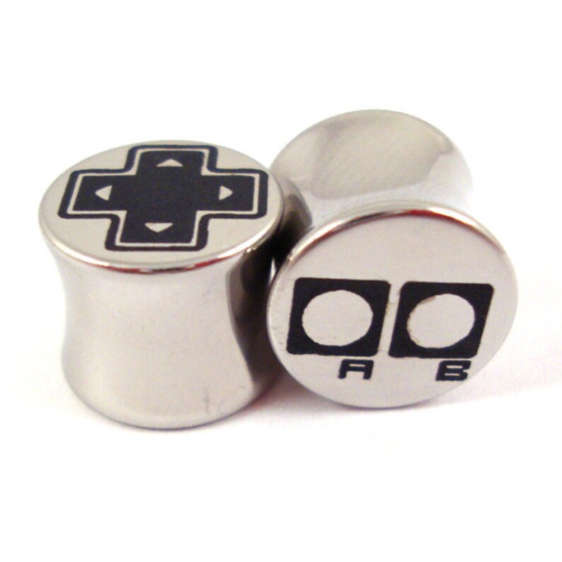 Old-School Gamer Double Flared Plugs  Surgical Steel  2g 0g image 0