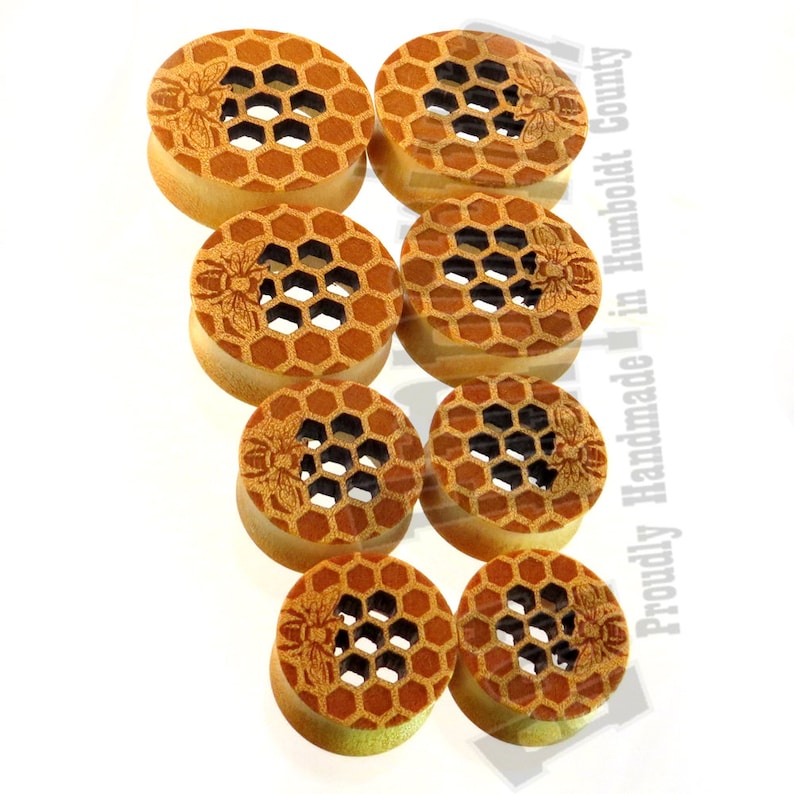 Honeycomb Cutout Yellowheart Wooden Plugs with Bee 9/16 14mm 5/8 16mm 7/8 22mm 1 25.5mm 1 1/8 28mm 1 1/4 32mm 38mm 44mm Ear Gauges image 2