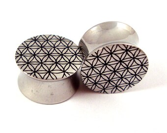 Sacred Geometry Double Flared Plugs - Surgical Steel  2g 0g 00g 10mm 7/16" 11 mm 1/2" 13mm 9/16" 14mm Flower of Life Metal Gauges