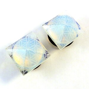 Flower of Life Faceted Single Flare Plugs Opalite or Black PAIR 2g 0g 00g 9mm 1/2 13mm 9/16 14mm 5/8 16mm 3/4 Glass Pyramid Ear Gauges image 1