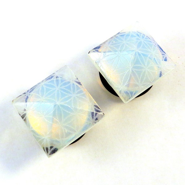 Flower of Life Faceted Single Flare Plugs - Opalite or Black PAIR 2g 0g 00g 9mm 1/2" 13mm 9/16" 14mm 5/8" 16mm 3/4" Glass Pyramid Ear Gauges