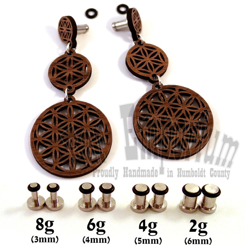 Flower of Life Wooden Dangle Plugs on Single Flared 316L Etsy