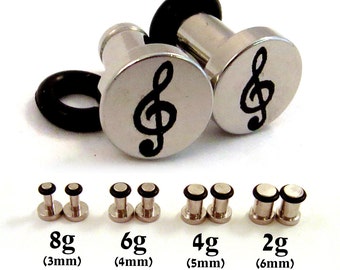 Treble Clef Single Flared 316L Surgical Steel Plugs - 8g (3mm) 6g (4mm) 4g (5mm) 2g (6mm) Music Notes Treble Cleff Symbol Metal Ear Gauges