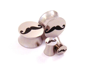 Mustache Surgical Steel Plugs - Double Flared - 2g 0g 00g (10mm) 7/16" (11 mm) 1/2" (13mm) 9/16" (14mm) 5/8" (16mm) Metal Ear Gauges