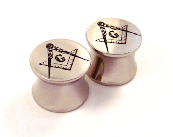 Freemasons Masonic Steel Double Flared Plugs - 2g 0g 00g 7/16" (11mm) 1/2" (13mm) 9/16" (14mm) Ear Gauges