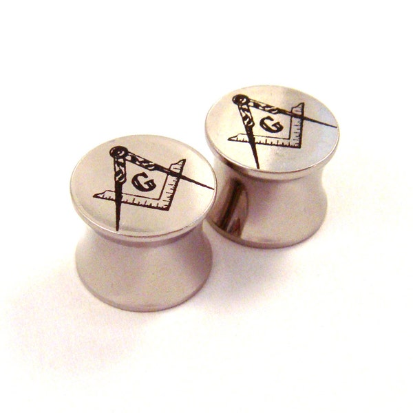 Freemasons Masonic Steel Double Flared Plugs - 2g 0g 00g 7/16" (11mm) 1/2" (13mm) 9/16" (14mm) Ear Gauges