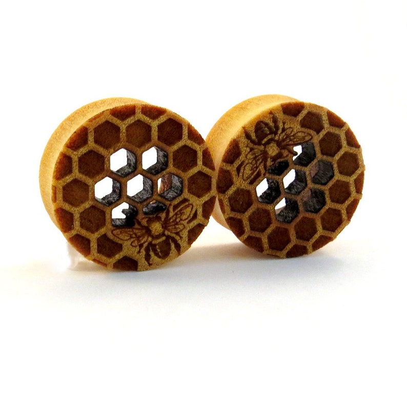 Honeycomb Cutout Yellowheart Wooden Plugs with Bee 9/16 14mm 5/8 16mm 7/8 22mm 1 25.5mm 1 1/8 28mm 1 1/4 32mm 38mm 44mm Ear Gauges image 1