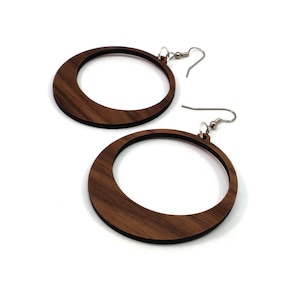 Sustainable Wooden Hook Earrings Hoops Sustainably Harvested Walnut Wood Dangle Earrings 2 Sizes image 1