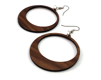 Sustainable Wooden Hook Earrings - Hoops - Sustainably Harvested Walnut Wood Dangle Earrings - 2 Sizes