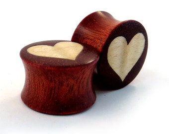 Heart - Wood on Wood Bloodwood Inlay Plugs - PAIR - 0g (8mm) 00g (9mm) (10mm) 7/16" (11mm) 1/2" (13mm) 9/16" (14mm) 5/8" 16mm Wooden Gauges