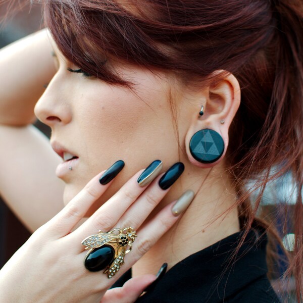 Tri Force Black Glass Plugs in 2g (6.5mm) through 30mm including 0g 8mm 00g 10mm 3/4" 19mm Triforce Ear Gauges