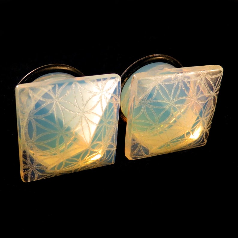 Flower of Life Faceted Single Flare Plugs Opalite or Black PAIR 2g 0g 00g 9mm 1/2 13mm 9/16 14mm 5/8 16mm 3/4 Glass Pyramid Ear Gauges image 2