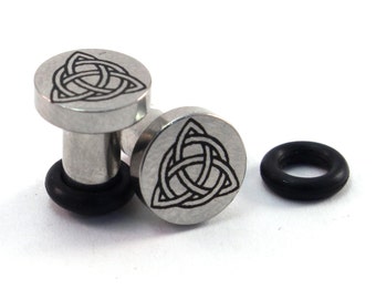 Celtic Trinity Knot 316L Surgical Steel Plugs - Single Flared - 8g (3mm) 6g (4mm) 4g (5mm) 2g (6mm) Single Flare Metal Ear Gauges