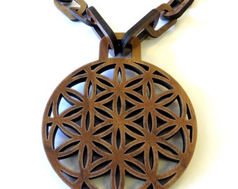 Flower of Life Wooden Chain Necklace made of Sustainable Walnut, 100% natural wood bling