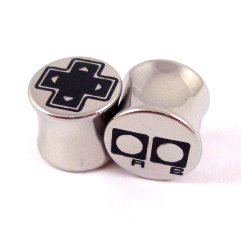 Old-School Gamer Double Flared Plugs  Surgical Steel  2g 0g image 1