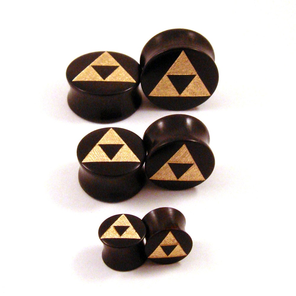 Golden Tri Force Ebony Wooden Plugs - PAIR - 2g 6.5mm 0g 8mm 00g 9mm …