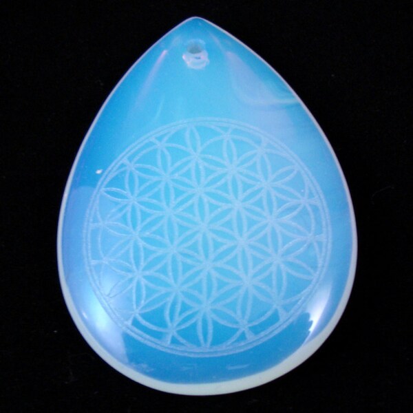 Sacred Geometry - Glass/Stone Pendant - Opalite Teardrop - Opal Glass Flower of Life necklace
