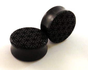 Flower of Life Ebony Wooden Plugs PAIR any size 2g to 1 3/4" (44mm) - 0g 00g 7/16" 3/4" 7/8" 1" 1 1/8" + up  Sacred Geometry Wood Ear Gauges