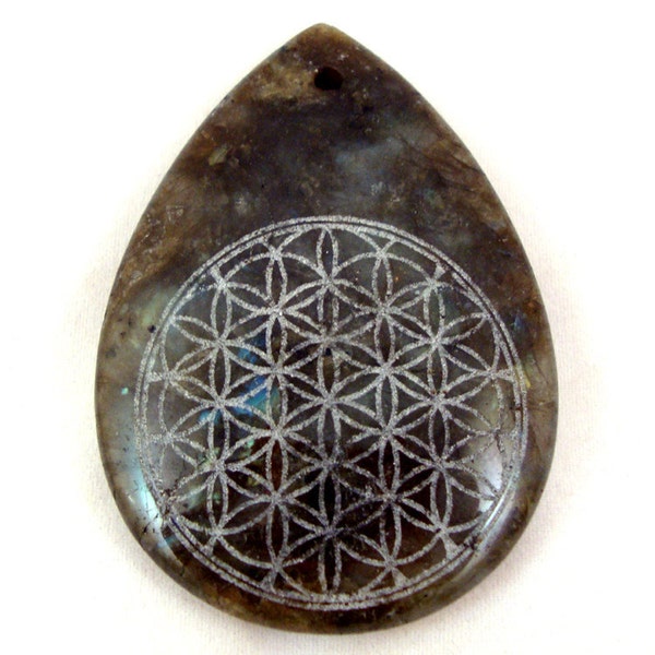 Sacred Geometry - Stone Pendant with custom engraving on reverse - Labradorite Teardrop - Flower of Life necklace