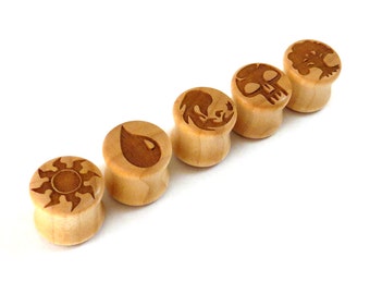 Magical Symbols Maple Wooden Plugs SET of 5 Plugs  2g (6mm) 0g (8mm) 00g (9mm) (10mm) 7/16" (11mm) 1/2" (13mm) 9/16" (14mm) 5/8" 3/4" 7/8" +