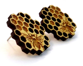 Honeycomb Yellowheart Post Earrings - Wooden Studs - Bee Wood Stud Earrings