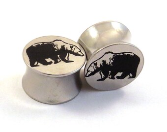 Grizzly Bear Steel Plugs - 00g (10 mm) 7/16" (11mm) 1/2" (13mm) 9/16" (14mm) 5/8" (16mm) Metal Ear Gauges