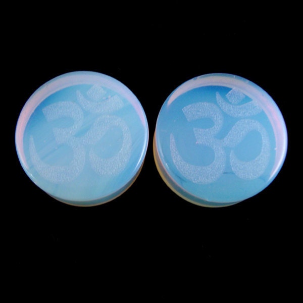 Om Symbol Opalite Double Flared Plugs - PAIR - 2g (6mm) throguh 1 1/4" (32mm) - 0g (8mm) 00g (10mm) 9/16" 5/8" 1" & up Ohm Ear Gauges