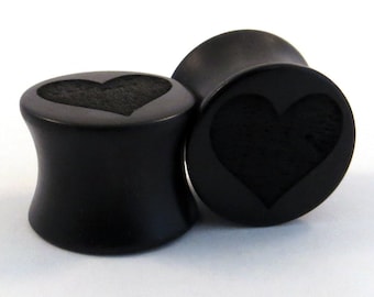 Heart Graphic Ebony Wooden Plugs - PAIR - 2g (6.5mm) 0g (8mm) 00g (9 mm) 7/16" (11 mm) 1/2" (13 mm) 9/16" (14 mm) and more - Wood Ear Gauges