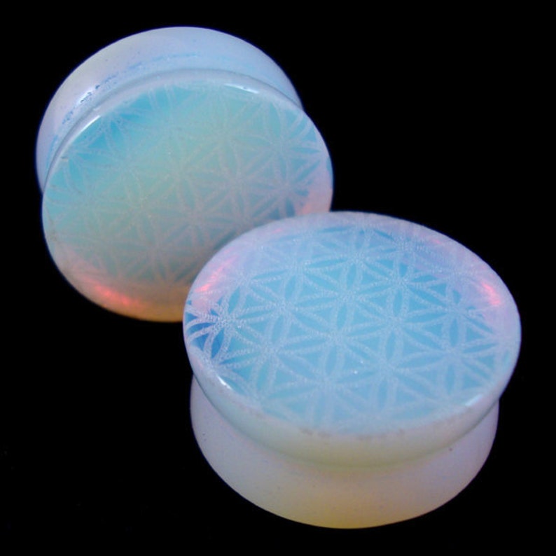 Flower of Life Opalite Plugs LIMITED AVAILABILITY PAIR Sacred Geometry Ear Gauges 0g 8mm 00g 10mm 7/16 11mm 1/2 12mm 7/8 1 image 2